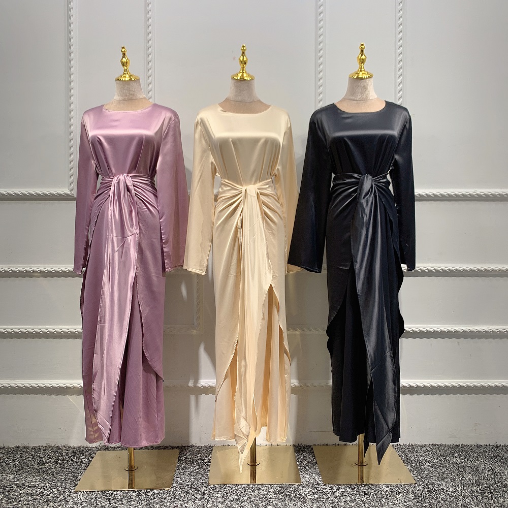 2021 Sept New arrival Women Fashion Satin dress 3pcs set Muslim Open Abaya Cardigan Islamic Clothing
