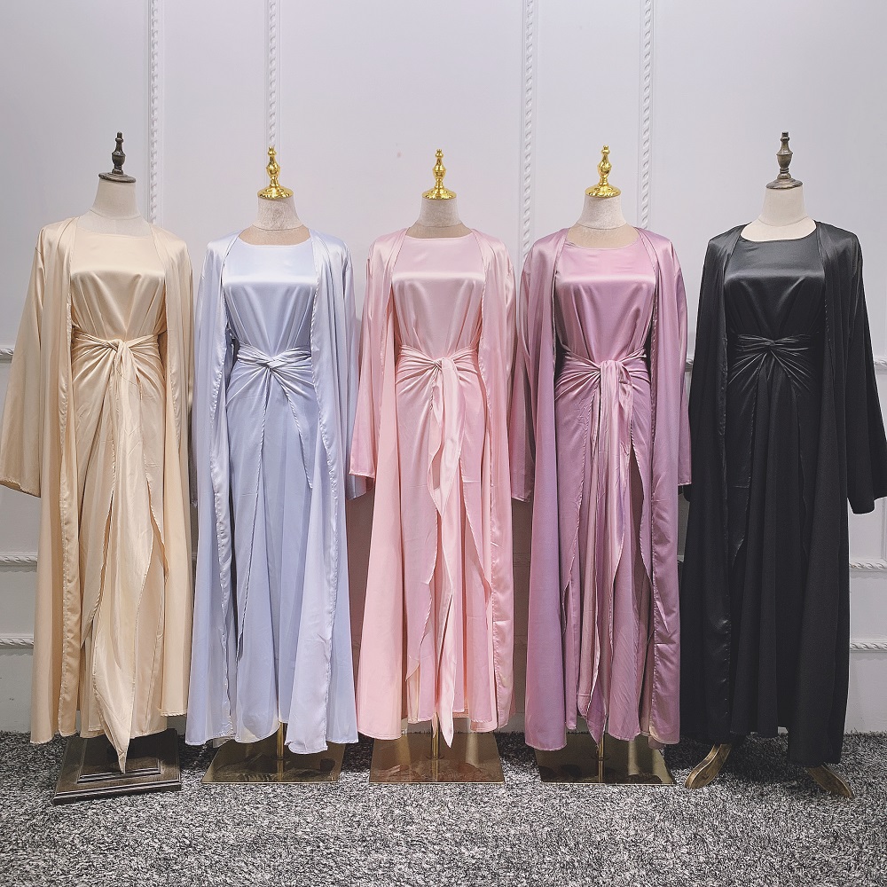 2021 high quality Muslim women Abaya 3pcs Solid color dress set kimono open Cardigan Islamic Clothing