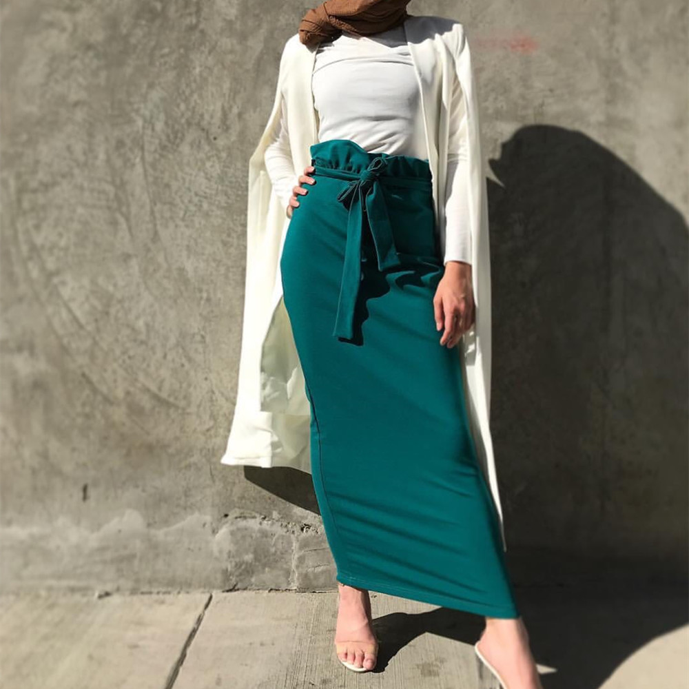 Modest Islamic Clothing Long Solid Color Skirt with a Belt for Muslim Ladies