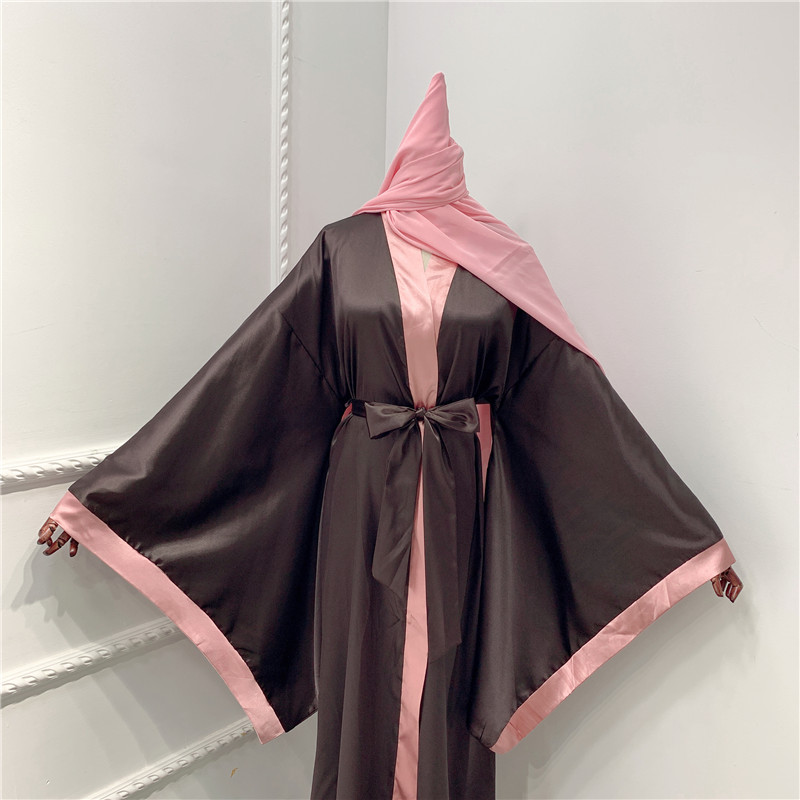 Satin Arab Turkish Fancy Plus size Satin Abaya Causal open Muslim Abaya Islamic contrast color open abaya for Women 2021