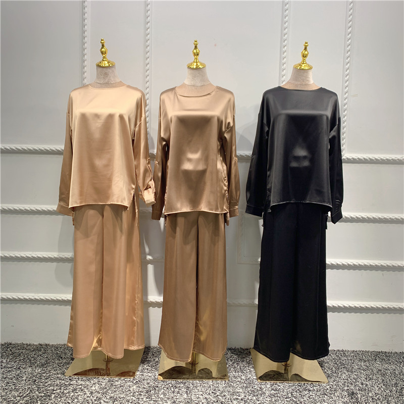 2021 Latest  new solid color satin loose top and pants two  outfits for woman Modern casual set Islamic women outfit abaya