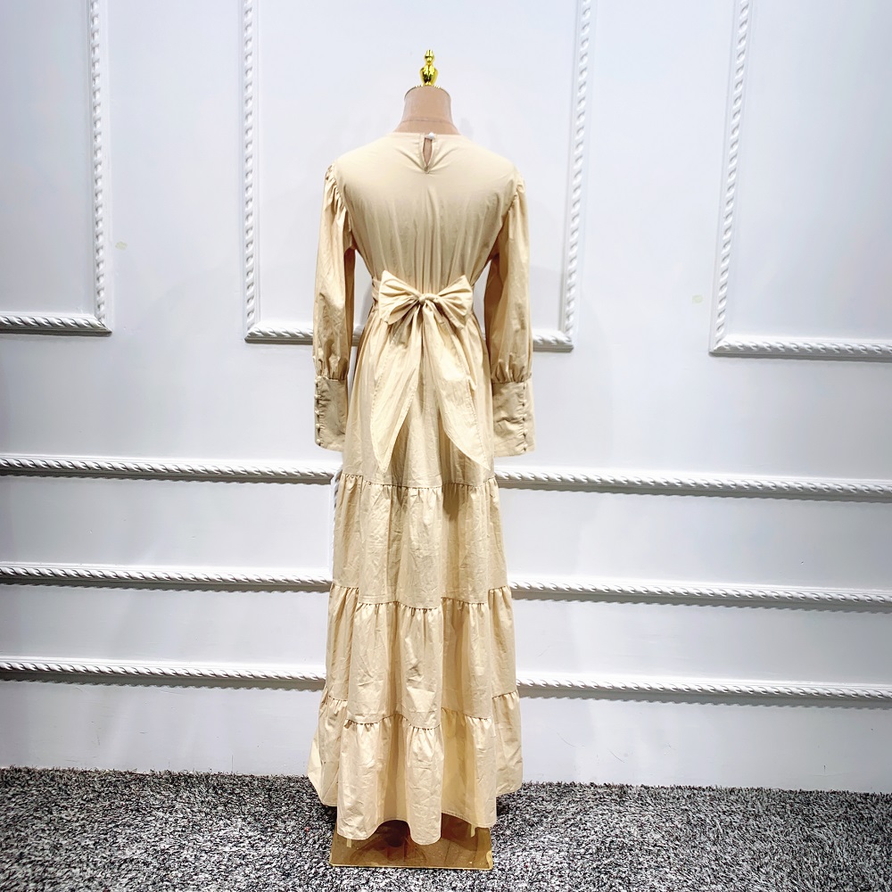 2021 Dubai Fashion Muslim Women Dress Cotton Maxi Dress Muslim with Puff Sleeves Ruffles Hem Dress