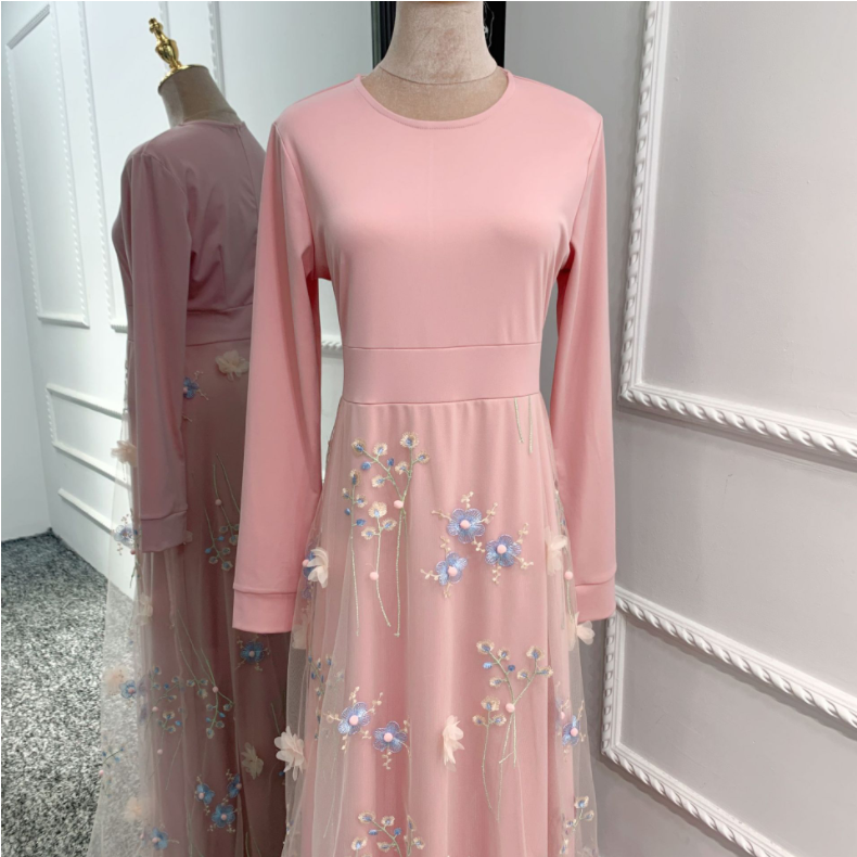 High quality 3D flower long dress full sleeve long maxi dress elegant embroidered Muslim Abaya