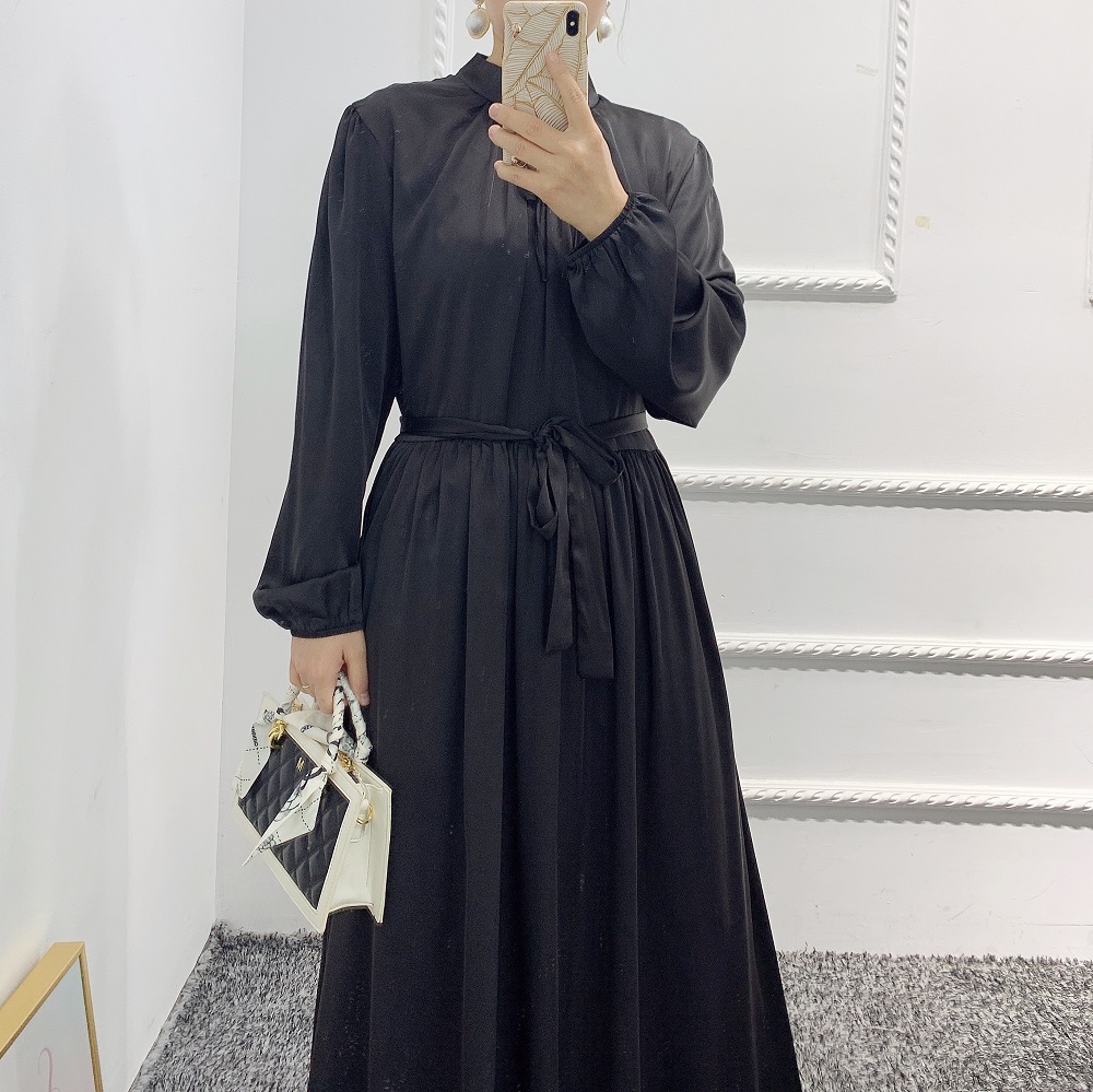 2021 Nov New Satin Abaya High Quality Middle east Islamic Clothing Long Sleeves Women Muslim Dress
