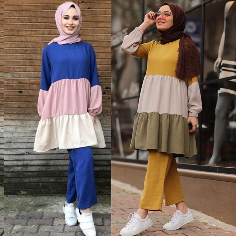 Muslim Dresses Women Two Pieces Set 7 Solid Colors Modest Islamic Dress Muslim 2021