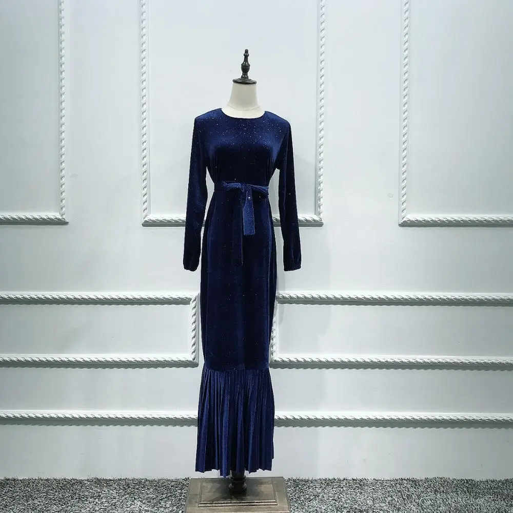 Loriya - Elegant autumn winter long velvet dress long sleeves pleated maxi  dress Turkey evening abaya muslim maxi dress