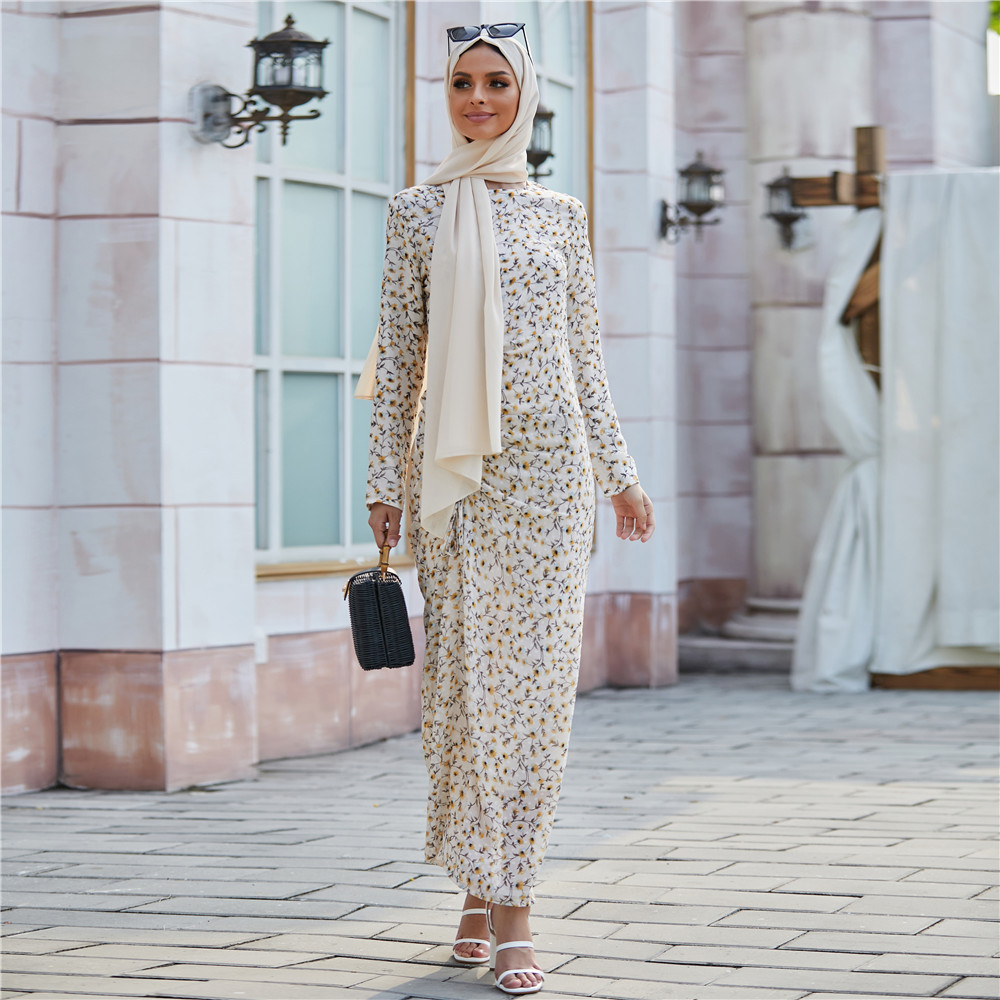 Muslim women maxi dress with lining floral print Dubai Abaya Turkey Islamic clothing Party dress