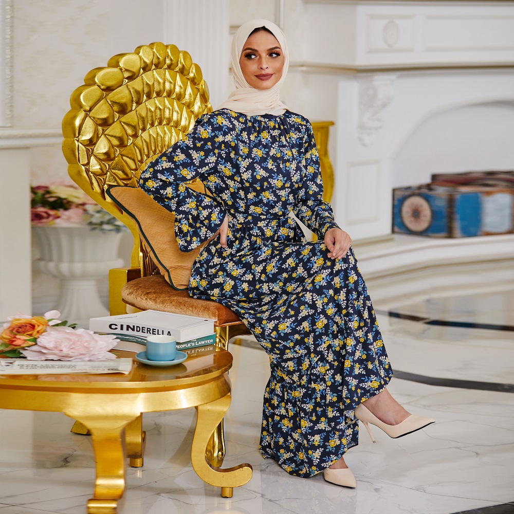 Flowers Printed Colorful Women Abaya Plus Size Muslim Islamic Dress with Long Sleeve
