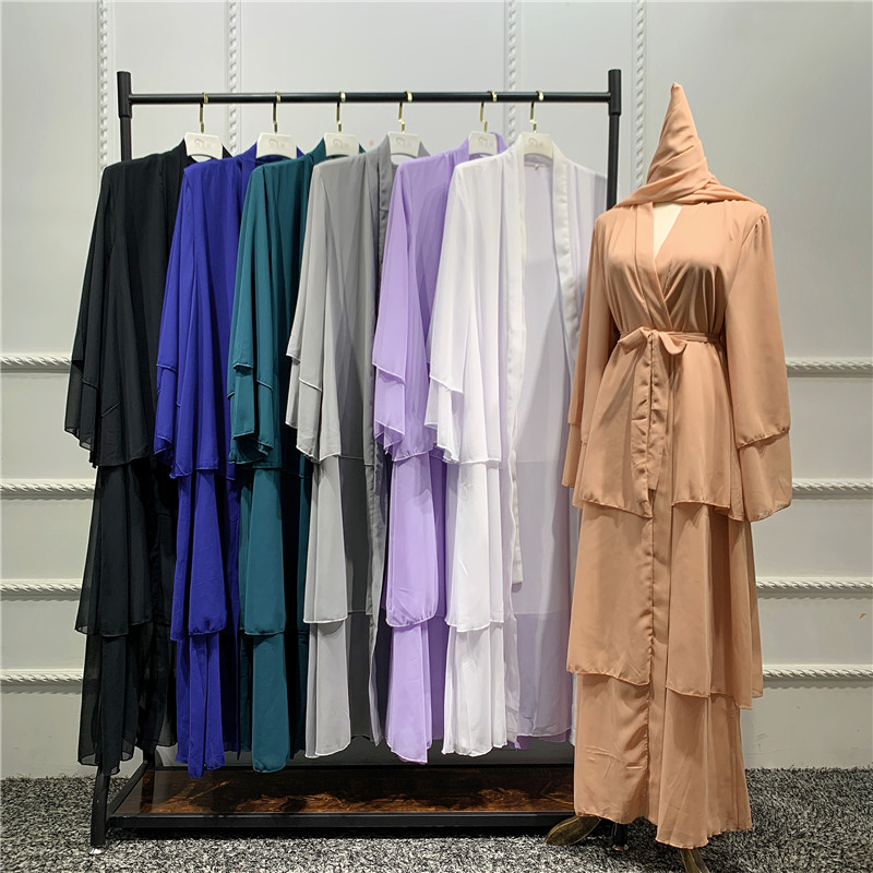 Latest Arab Turkish 3 layers Chiffon abaya Islamic Dubai Open abaya Modern Islamic front open 3 layers abaya