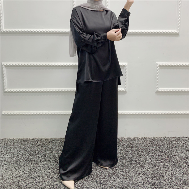 2022 Dubai Turkish Modern Casual set outfit Satin Loose top and pants set Islamic set wholesale