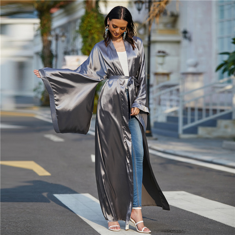 Satin Arab Turkish Fancy Plus size Satin Abaya Causal open Muslim Abaya Islamic contrast color open abaya for Women 2021