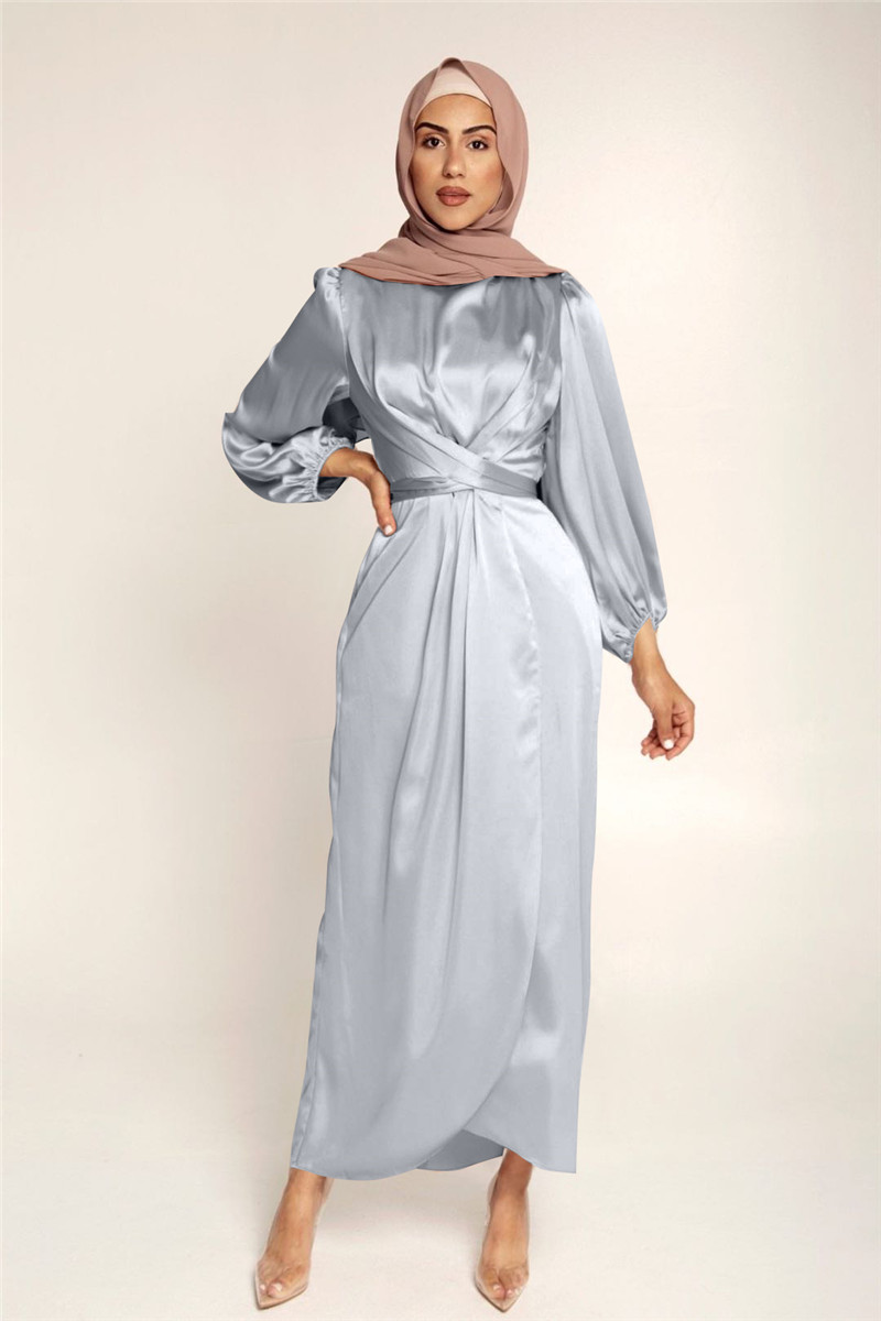 Women Modest Islamic Clothing Fashionable Satin Elegant Cross Belt Abaya Long Maxi Islamic Dress