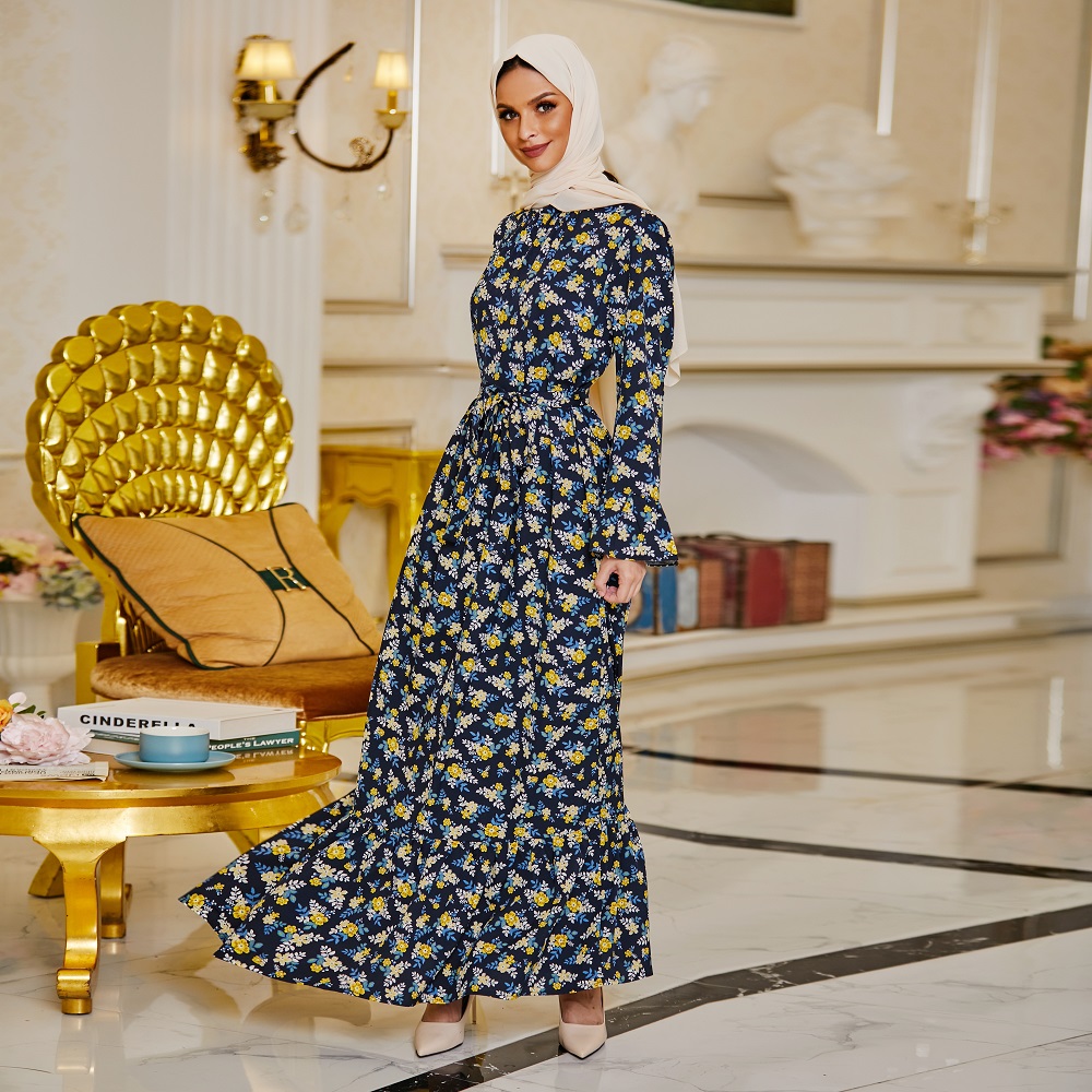 Wholesale women Muslim dress Abaya Islamic long sleeve floral casual fashion summer dresses