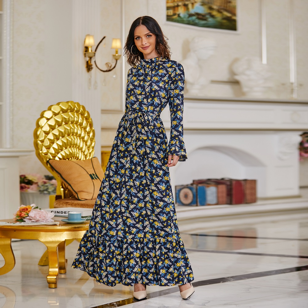 Wholesale women Muslim dress Abaya Islamic long sleeve floral casual fashion summer dresses