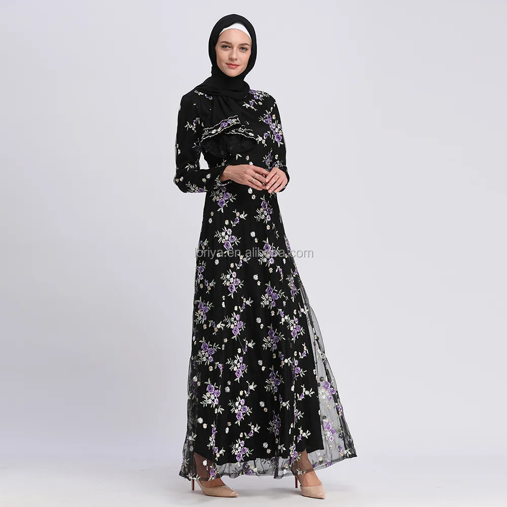 Loriya - New Trendy Modest Middle East Long Sleeve Purple Flower Embroidery  Mesh Melayu Malaysia Modern Baju Kurung 2017 Fashion muslim maxi dress