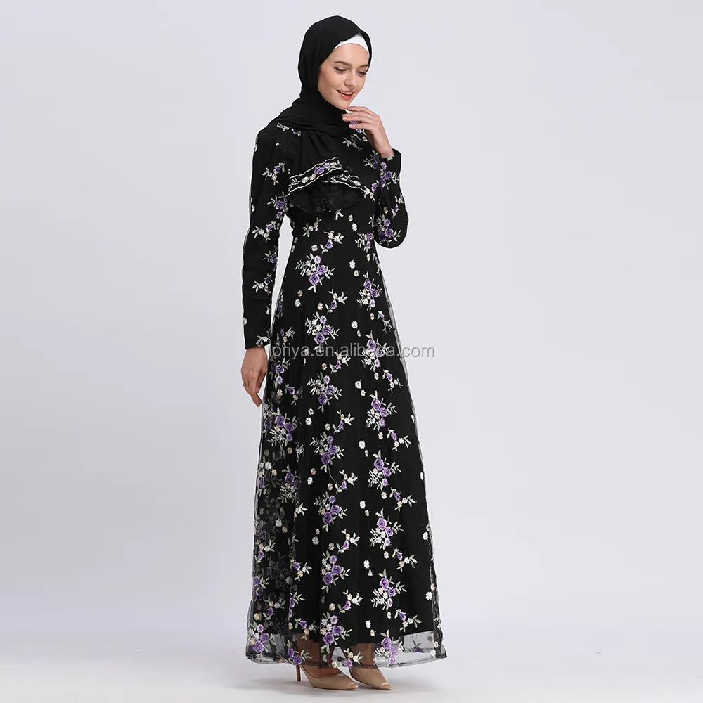 Loriya - Wholesale Eid Ramadan Long Sleeve Purple Flower Embroidery Mesh Robe Dubai Jakarta Islamic Dress Evening Loriya - Wholesale Eid Ramadan Long Sleeve Purple Flower Embroidery Mesh Robe Dubai Jakarta Islamic Dress Evening
