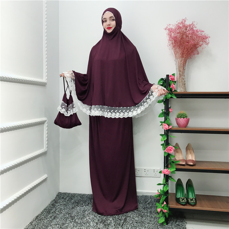 Latest Wholesale  Islamic prayer abaya with lace Dubai traditional long hijab khimar islamic muslim prayer dress