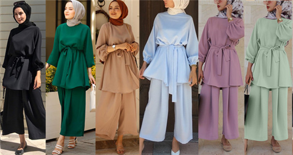 Wholesale High Quality Islamic Clothing Solid Colors Muslim Islamic Dress and Pants Two Pieces Fashion Set