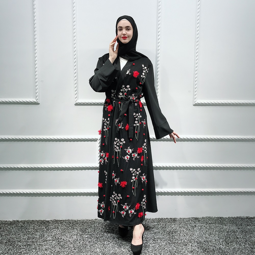 Luxury Turkish Open Abaya Islamic Abaya Muslim Women Front Abaya with 3D Flower