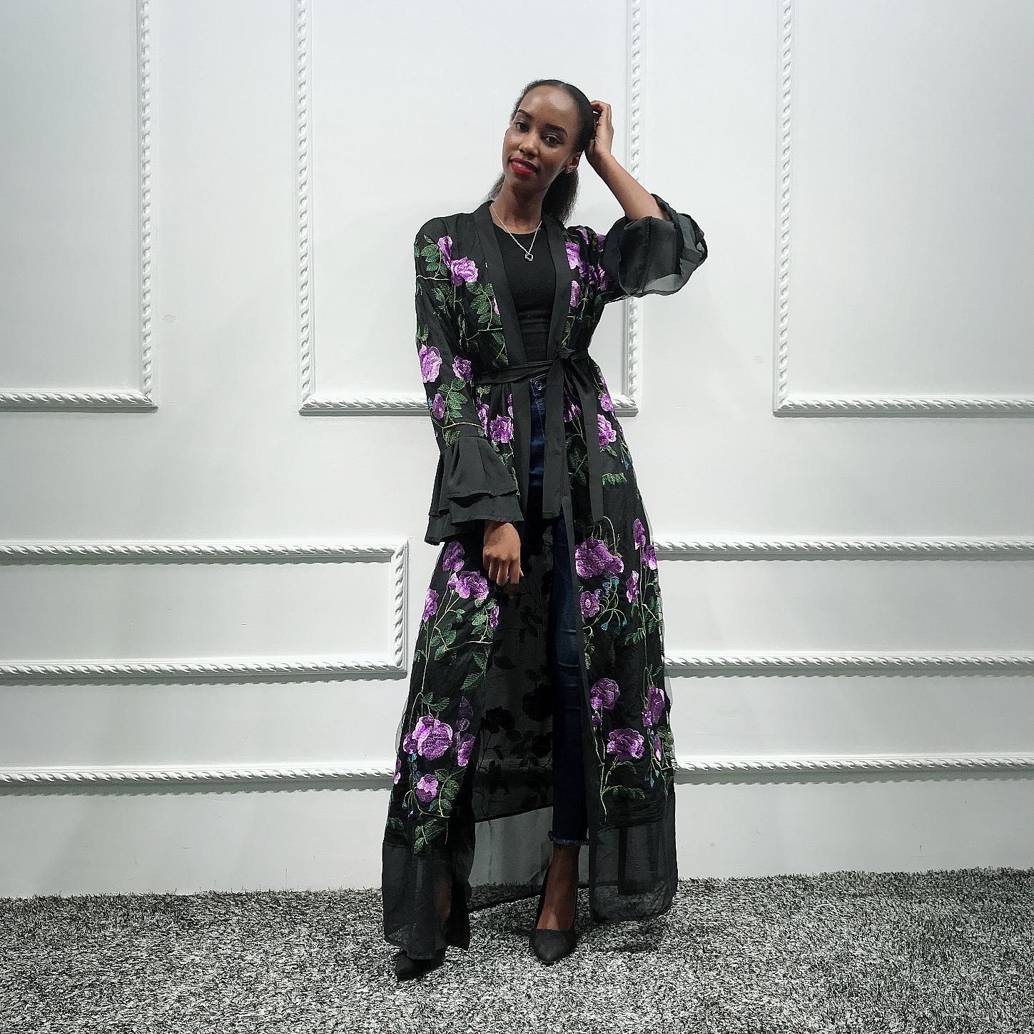 Promotion!!! Muslim embroidery casual abaya Dubai turkey fashion open abaya with ruffles Woman elegant fashion cardigan
