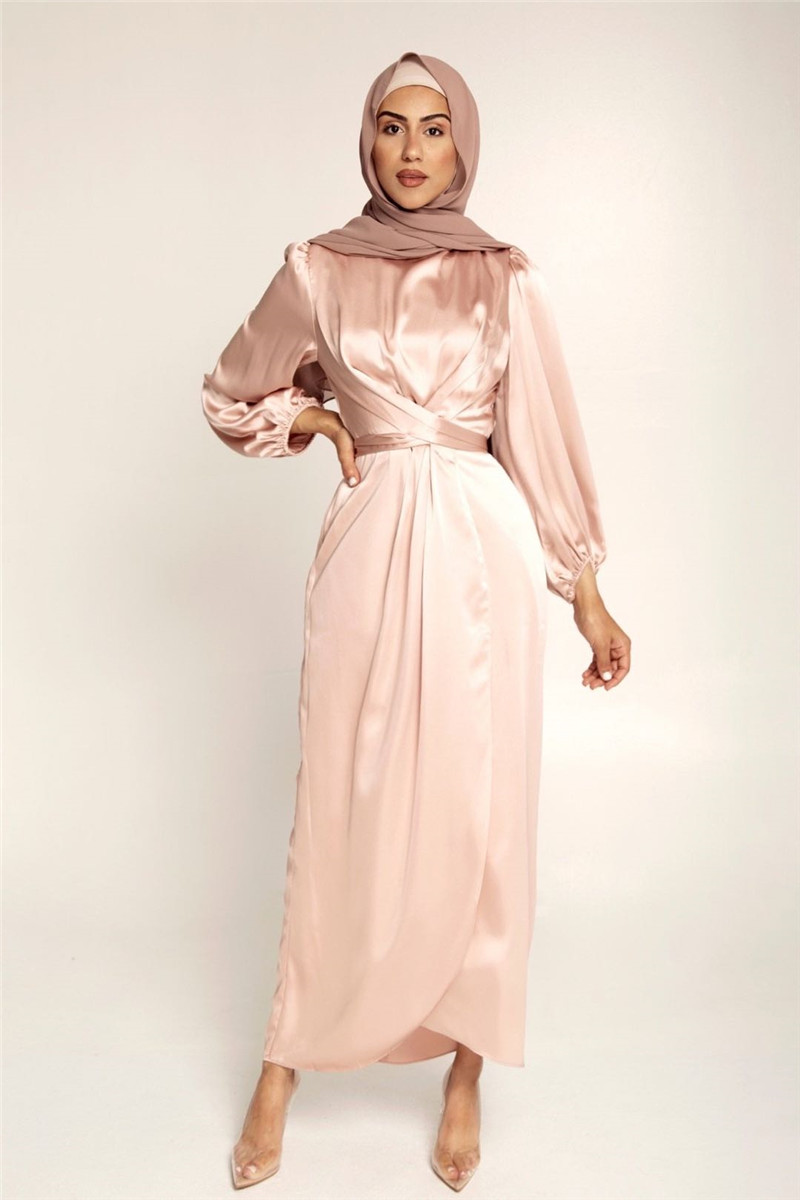 Women Modest Islamic Clothing Fashionable Satin Elegant Cross Belt Abaya Long Maxi Islamic Dress