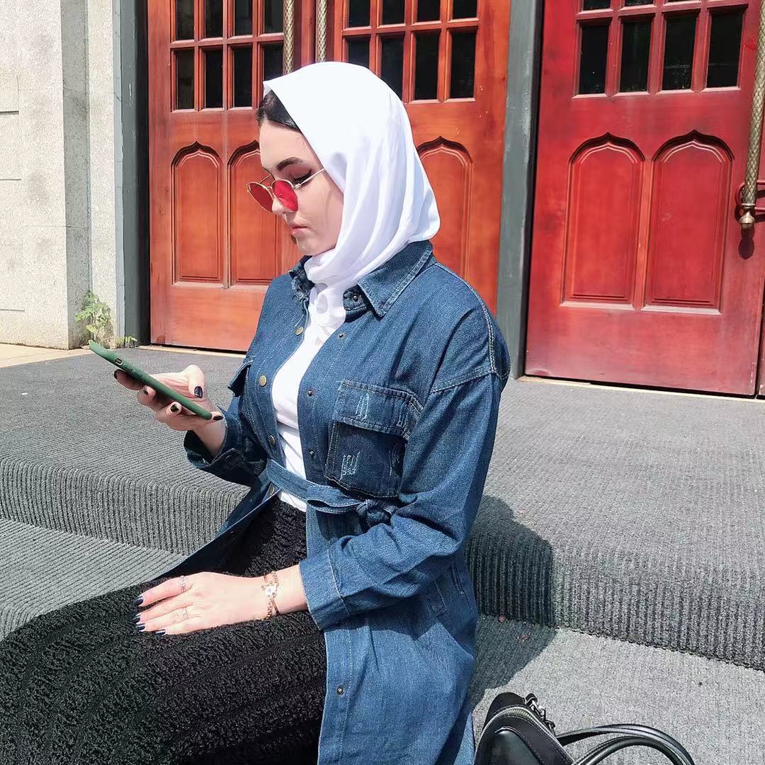 Fashion Islamic Clothing Long Shirt Turkey Denim Design Top Jeans Shirt Coat With Belt