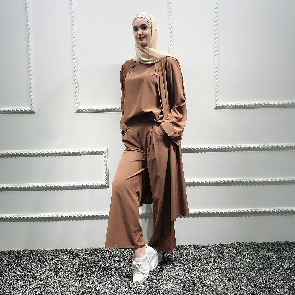 High Quality Soft Crepe Islamic Clothing 3 Pieces Sets Top and Pants and Open Abaya for Muslim Ladies