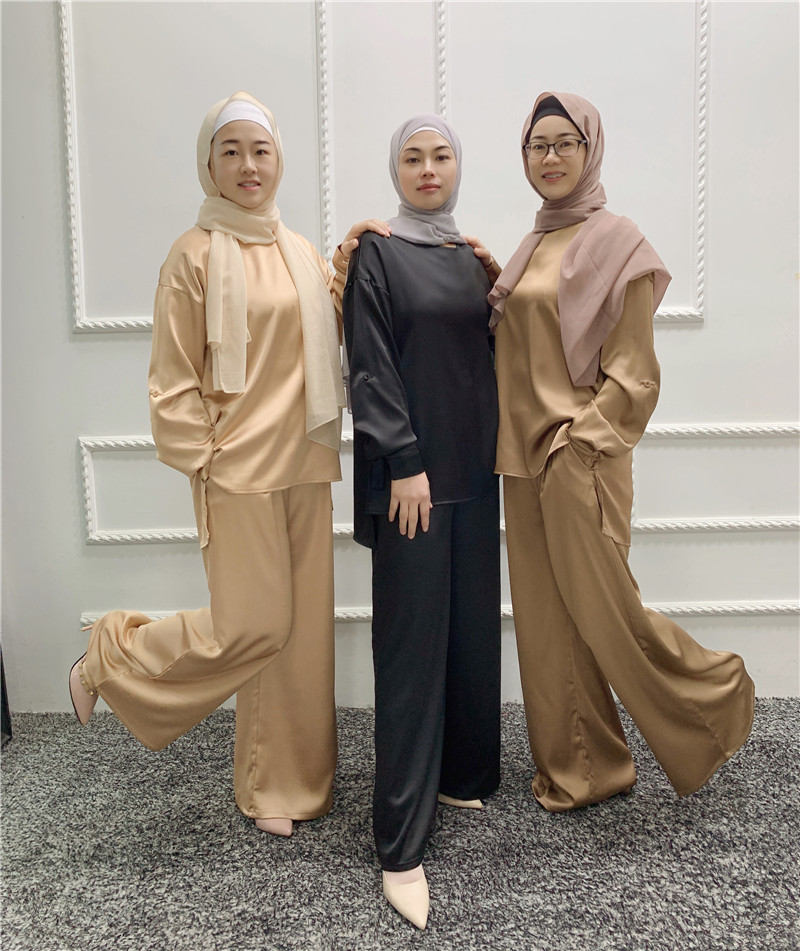 2022 Dubai Turkish Modern Casual set outfit Satin Loose top and pants set Islamic set wholesale