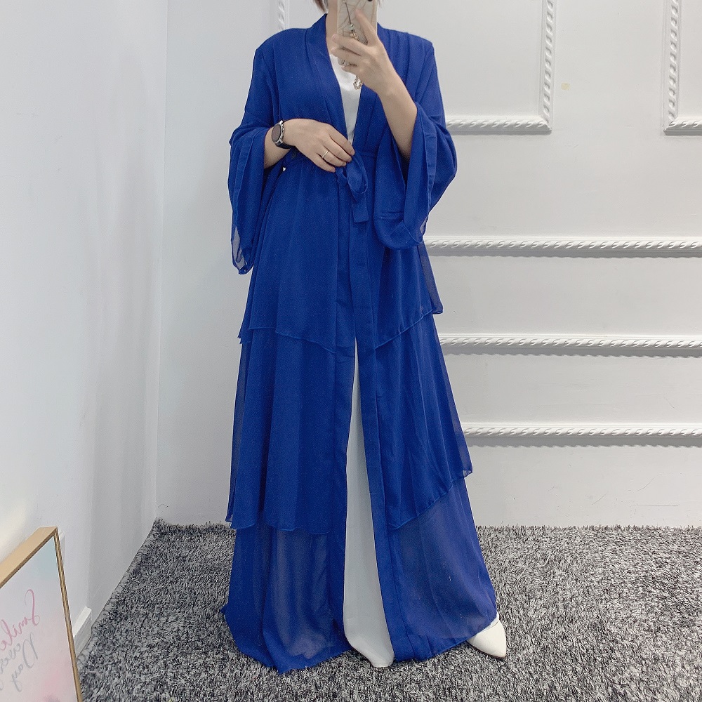 Wholesale 7 Solid Colors Turkey Dubai Muslim Dresses 3 Layers Simple Chiffon Open Abaya Islamic Clothing