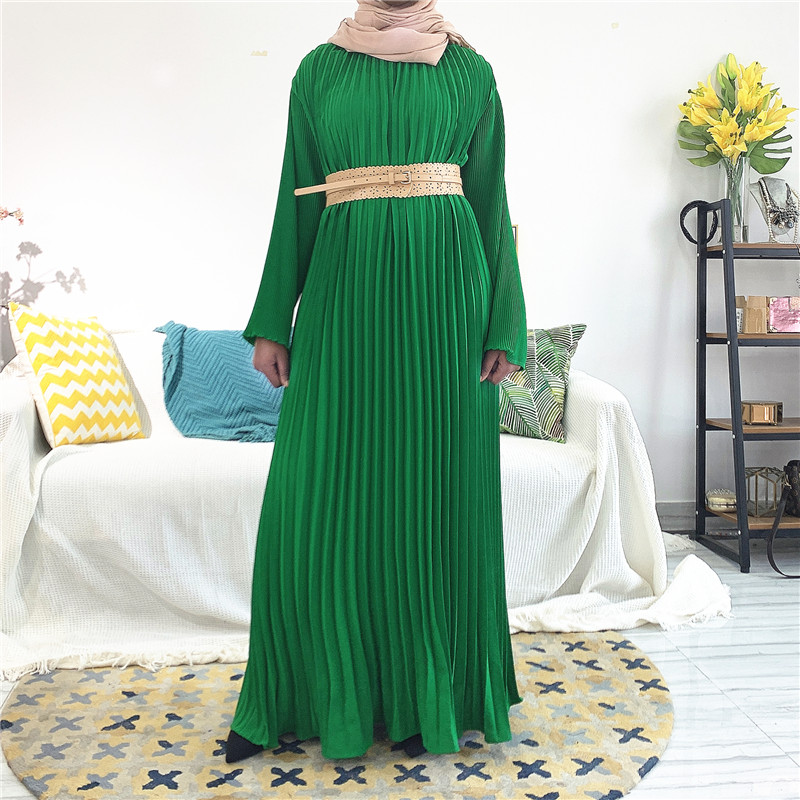 Arab Fashion Pleated Long Sleeve islamic Maxi abaya Dubai Turkey Khimar Muslim Kaftan Dress plain dress