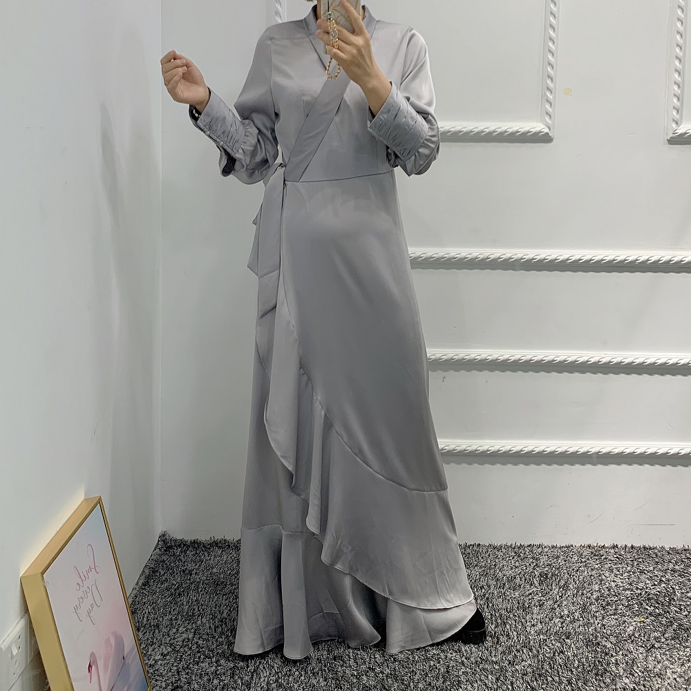 High quality 7 colors Muslim women satin long dress ruffle Arabic Abaya Islamic Clothing