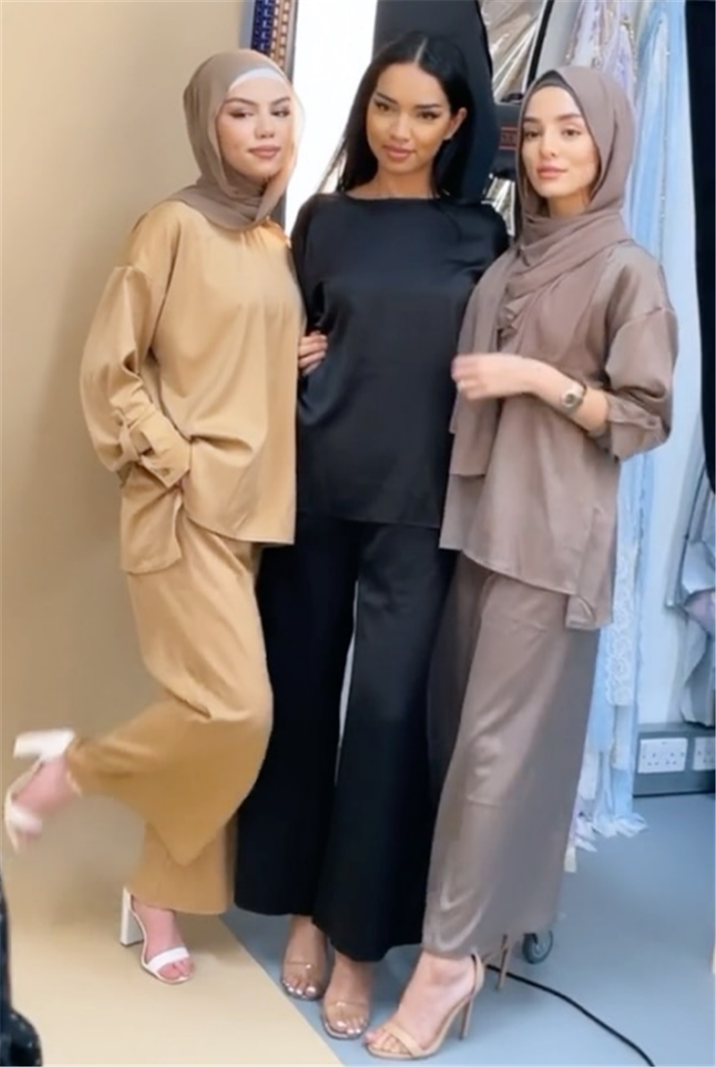 2021 Latest  new solid color satin loose top and pants two  outfits for woman Modern casual set Islamic women outfit abaya