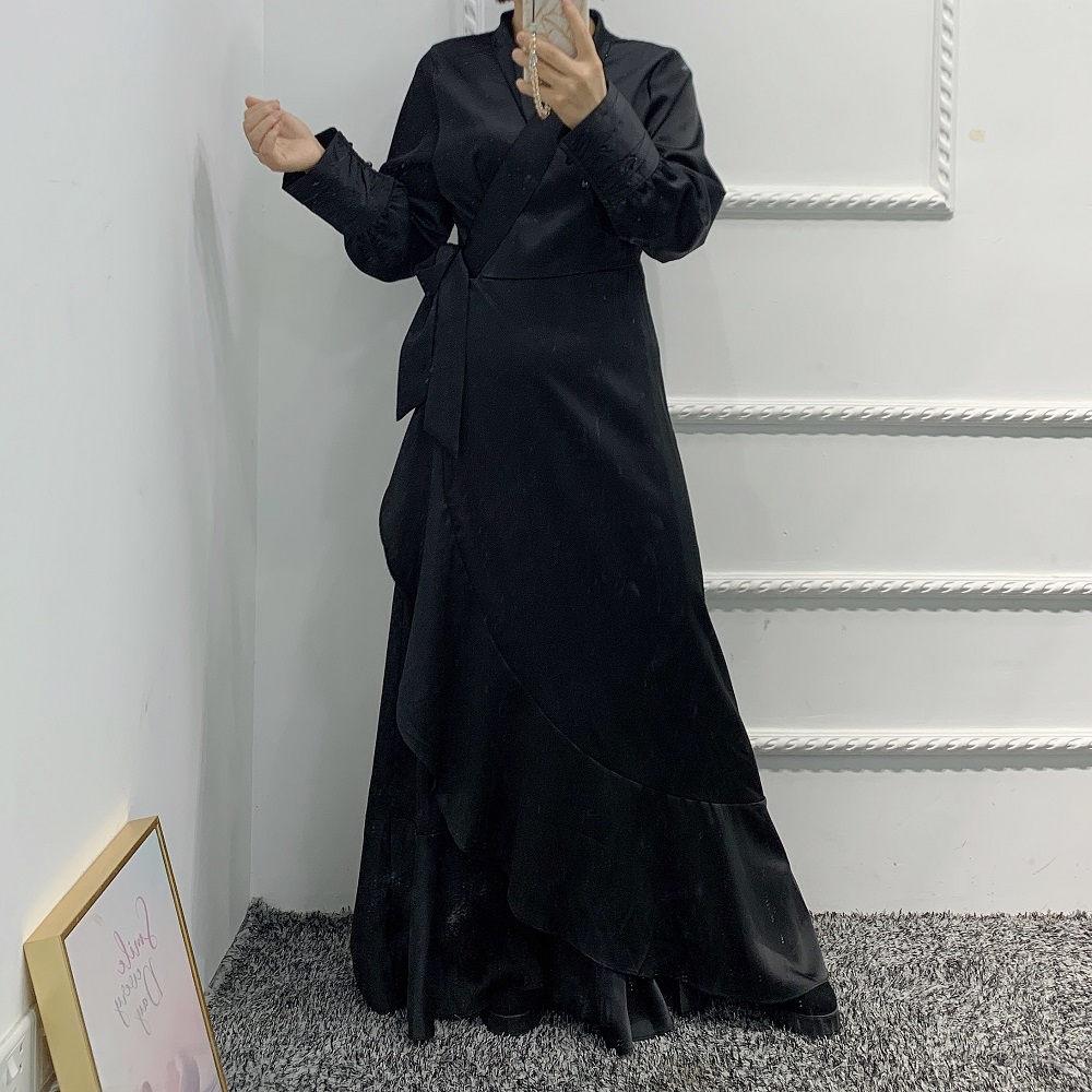 High quality 7 colors Muslim women satin long dress ruffle Arabic Abaya Islamic Clothing