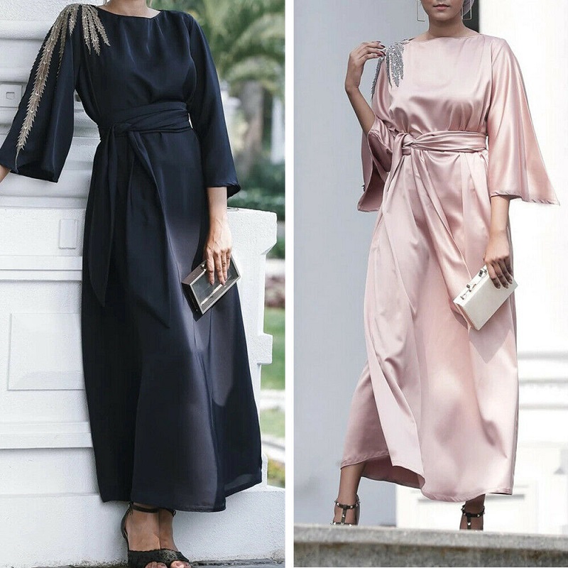 EID Modest wear satin Abaya dress Muslim women solid color wrap dress Dubai summer clothes