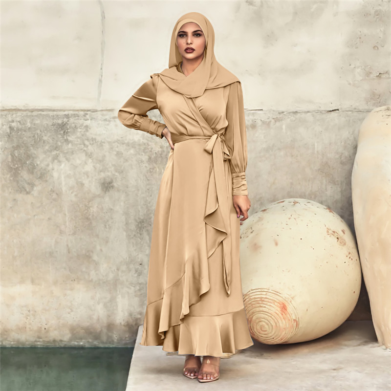 High Quality Islamic Clothing Fashionable Muslim Women Maxi Satin Open Abaya Ruffle Islamic Dress