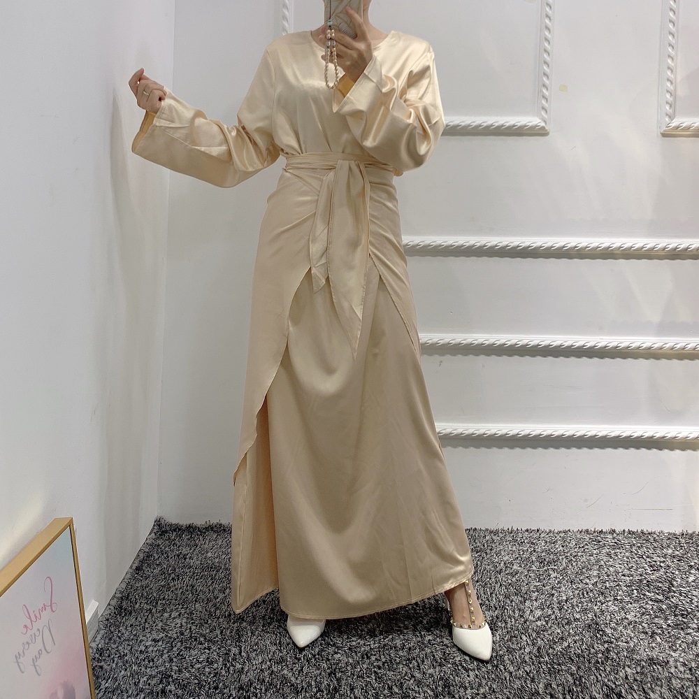 2021 Sept New arrival Women Fashion Satin dress 3pcs set Muslim Open Abaya Cardigan Islamic Clothing