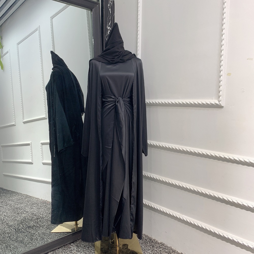 2021 Fashion Satin Islamic Clothing Open Abaya Muslim Dress Three-Piece Suit Wrap Skirt Wholesale