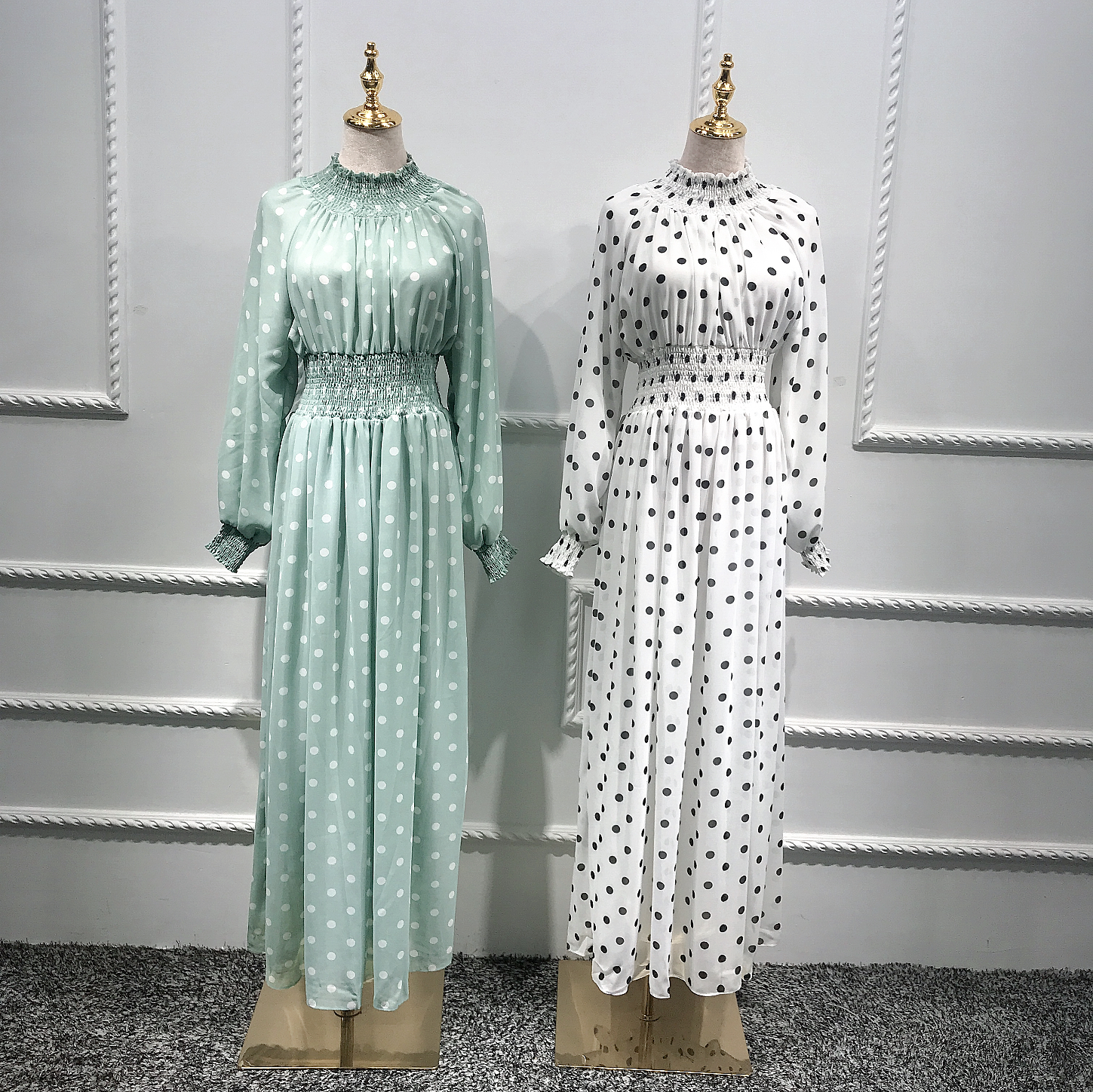 Hot selling Turkey Ramadan Muslim women chiffon Polka Dot dress elastic High waist Islamic dress