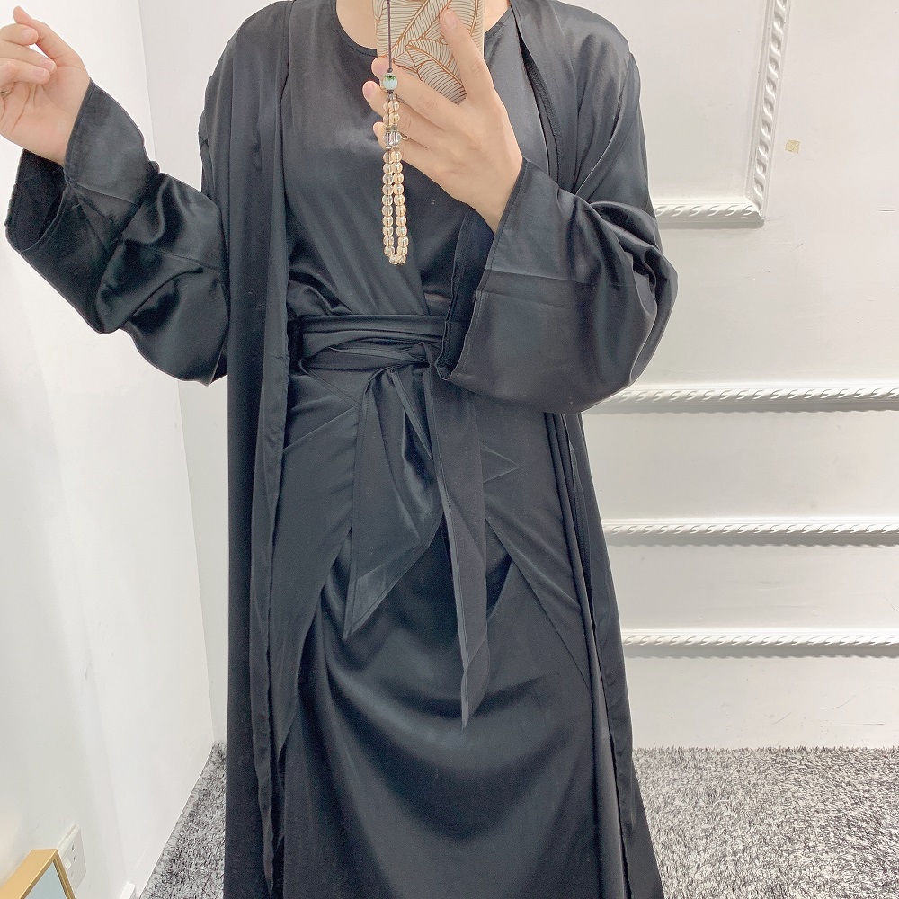 2021 Sept New arrival Women Fashion Satin dress 3pcs set Muslim Open Abaya Cardigan Islamic Clothing