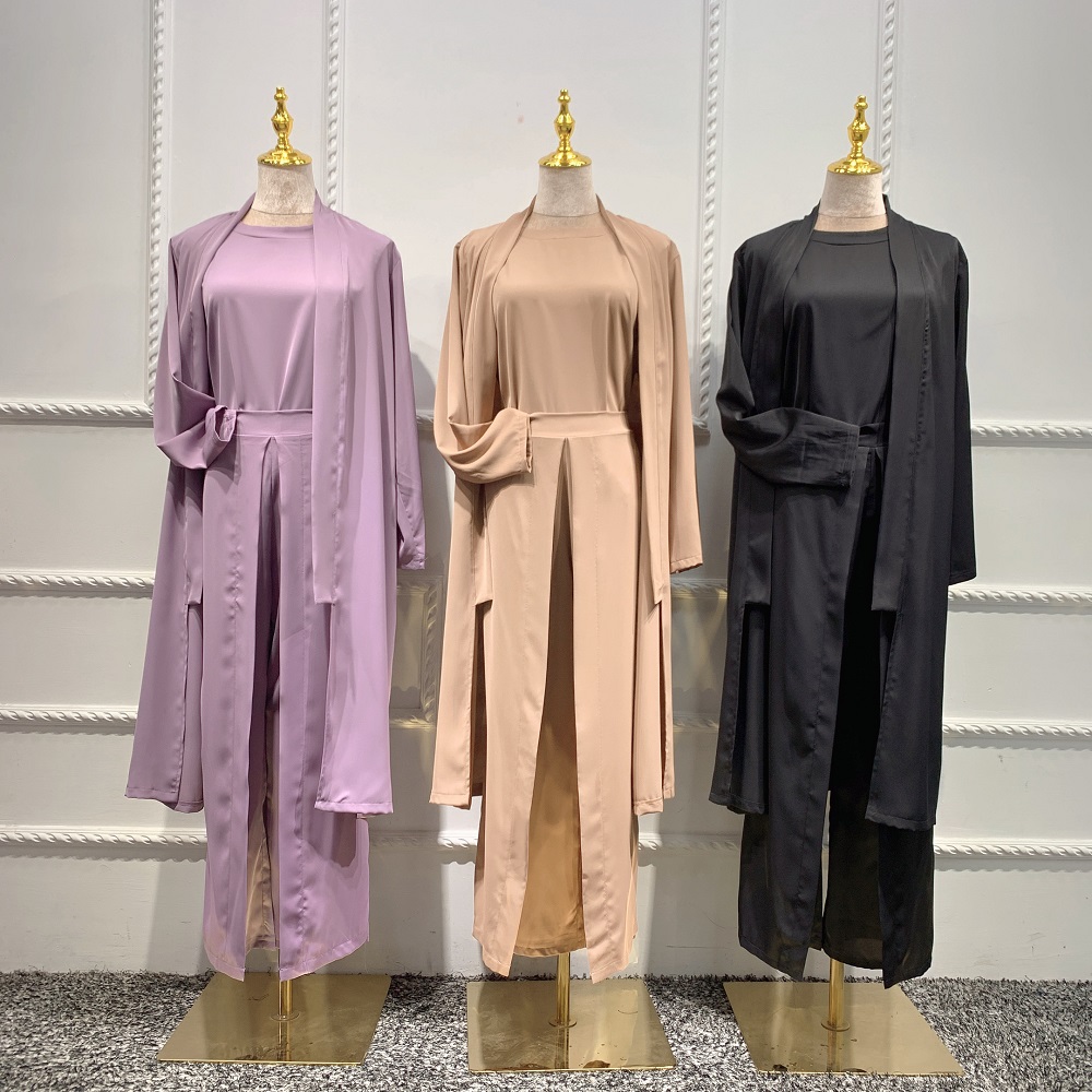 2021 Nov New arrival daily wear Solid color Muslim women dress with pants 3 pieces Abaya set