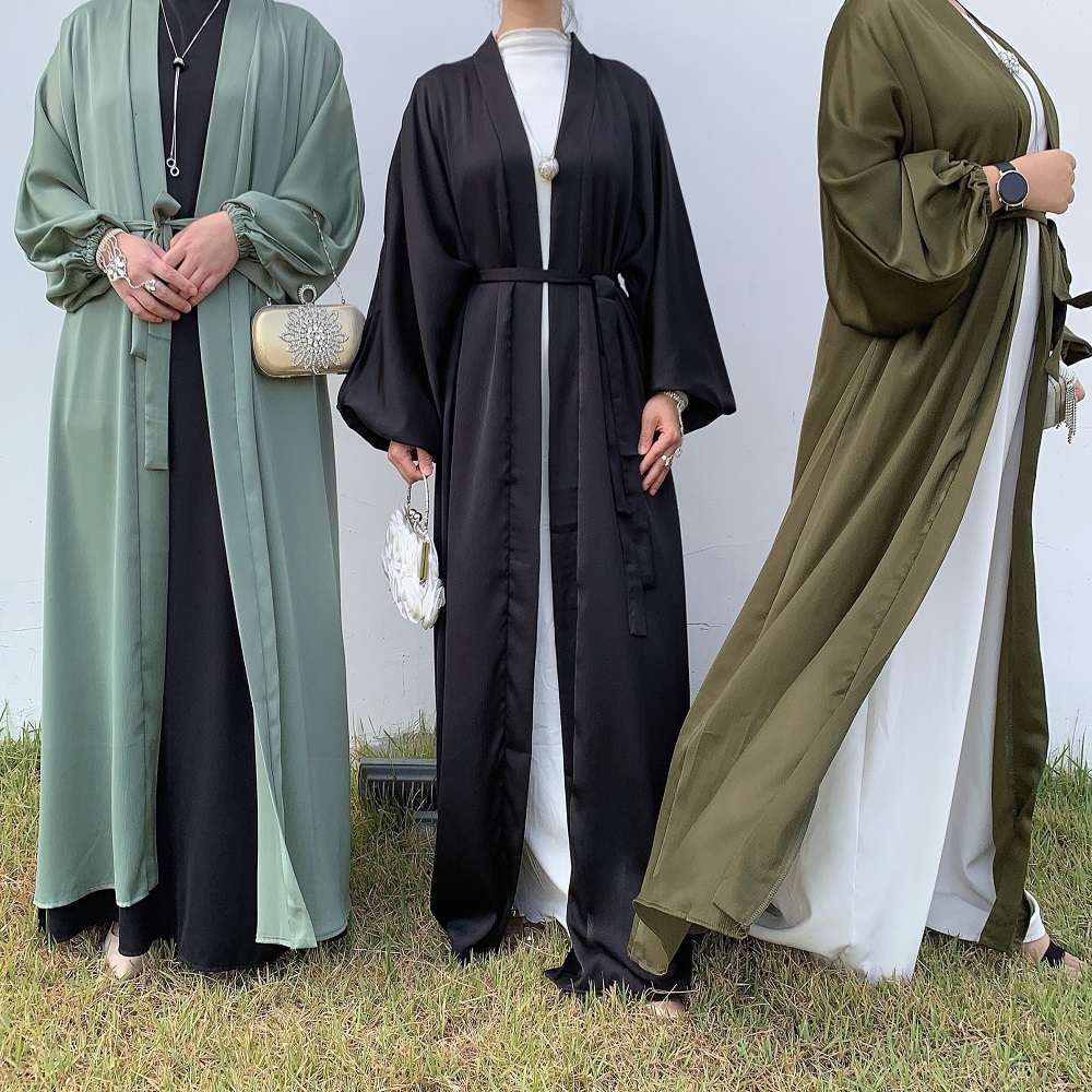 Hot selling Satin Open Open Kimono Dubai Abaya Cardigan Muslim Women Elegant Dress Islamic Clothing