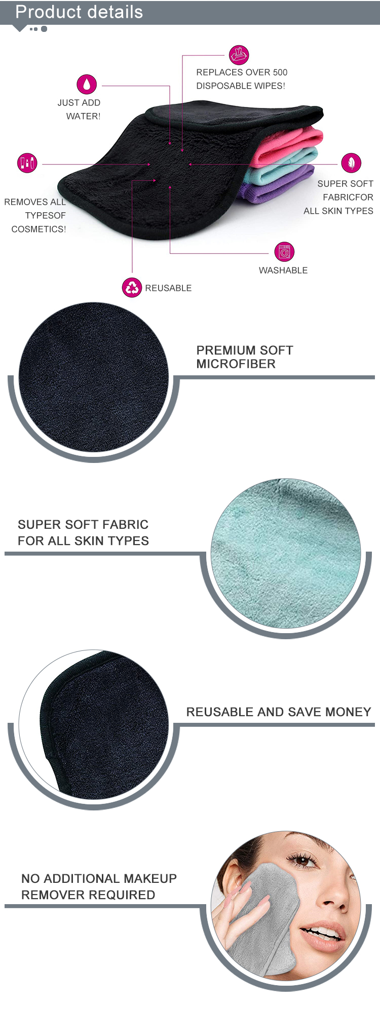 Easy to use microfiber cloth to remove make-up from the face washable anti fungal