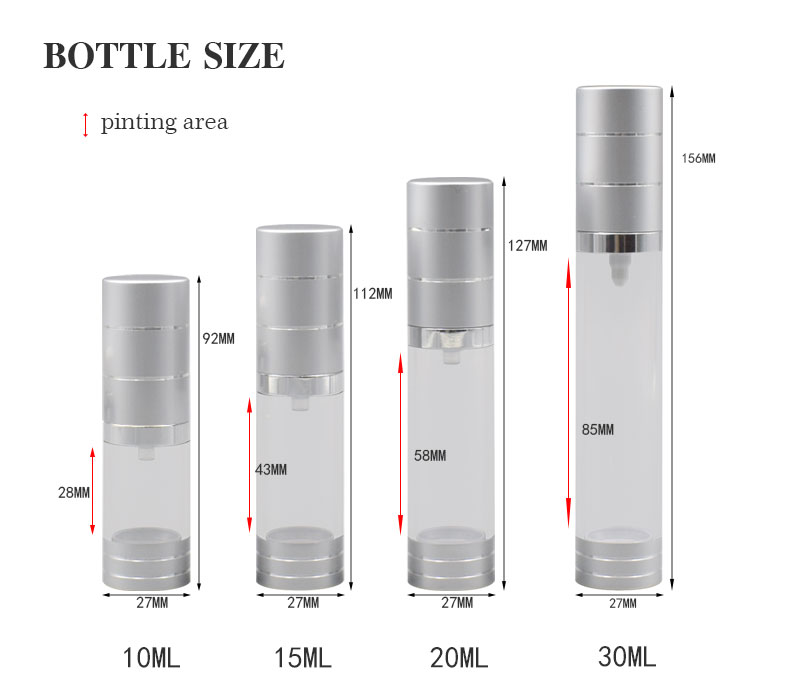 Luxury 10ml 15ml 20ml 30ml Plastic Silver Bottles Airless Lotion pp Airless Pump Bottle Cosmetic bottles