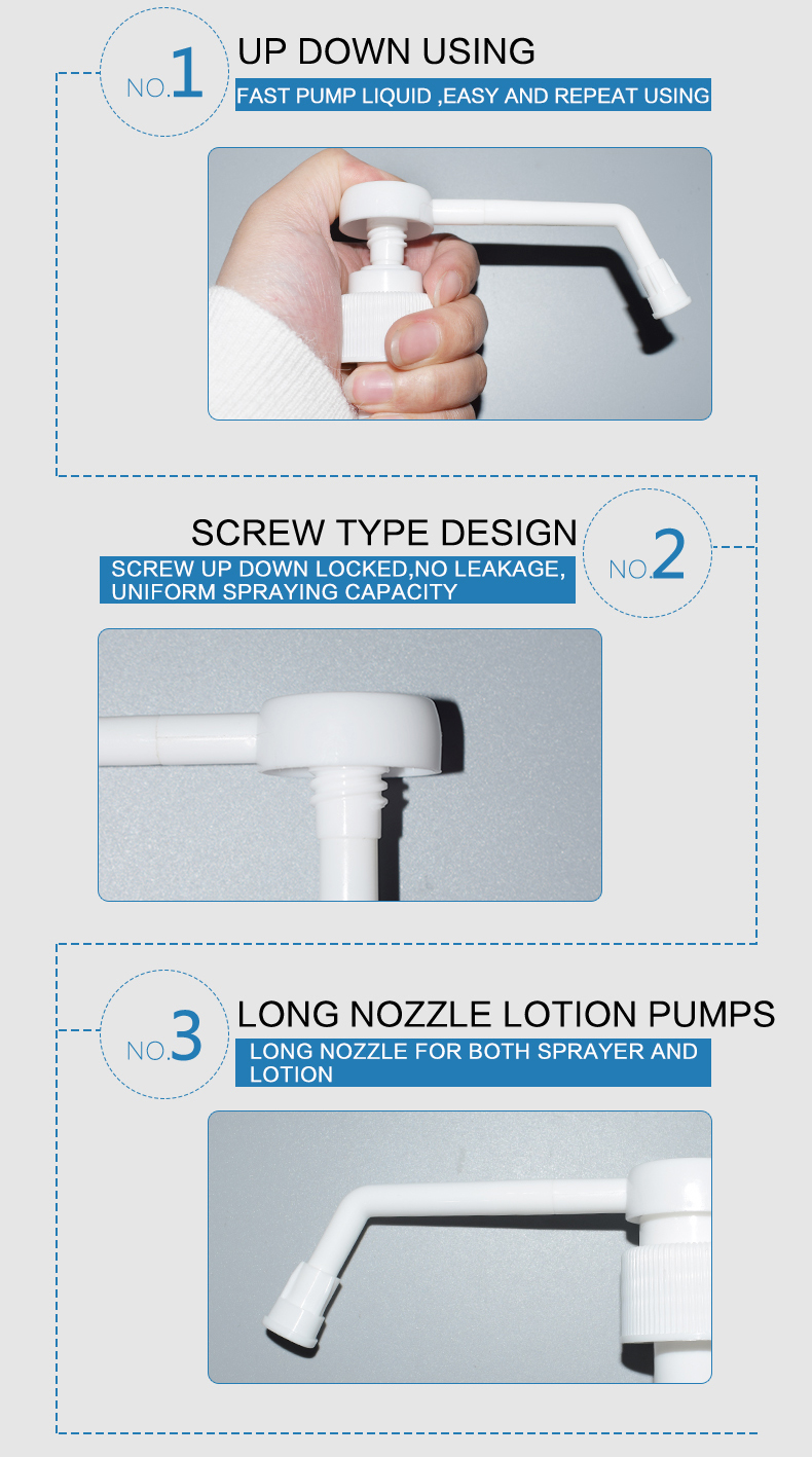 High Quality PP Plastic Long Nozzle Screw Shampoo Lotion Pump