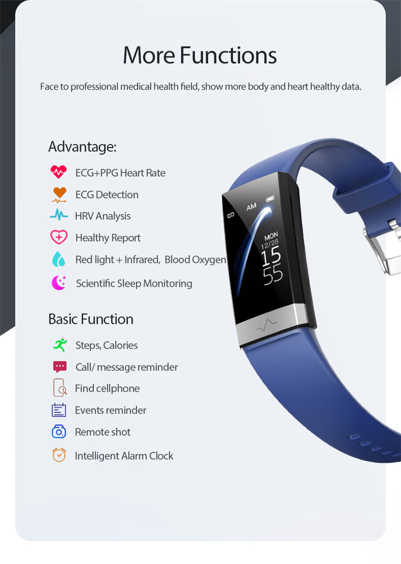 2021 ECG PPG HRV SPO2 Smart Fitness Tracker V19 Monitor Blood Oxygen Pressure Monitoring  Smart Bracelet