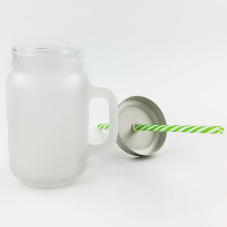High quality frosted glass mason jar clear plastic straw cup with lid and handle glass mug sublimation
