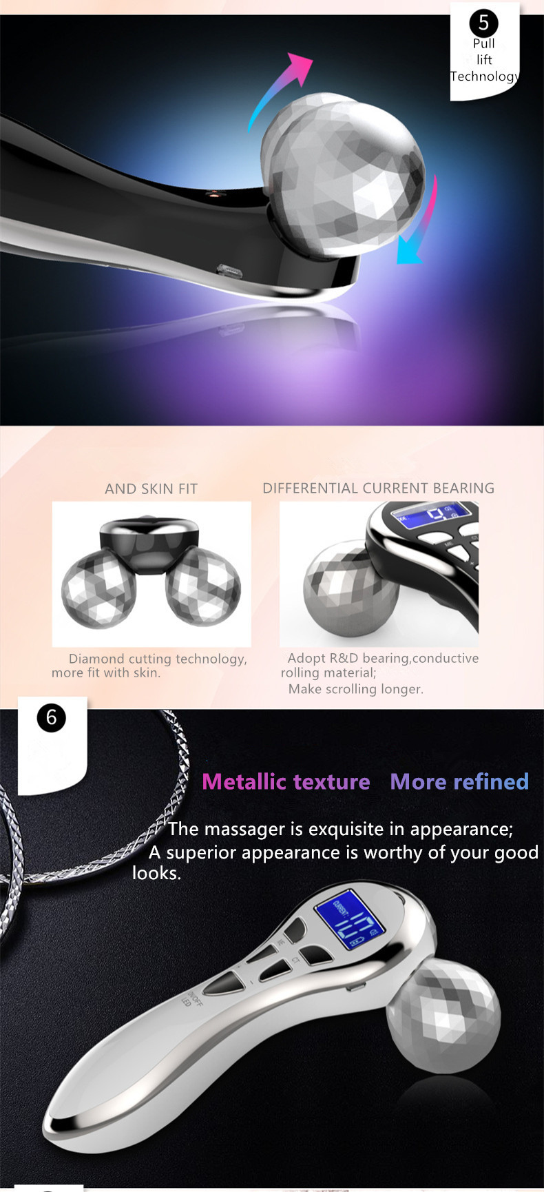 Portable Face Massage Roller  High  Vibration 4D Microcurrent Facial Roller Massager Facial And Body Shaping Massage Roller