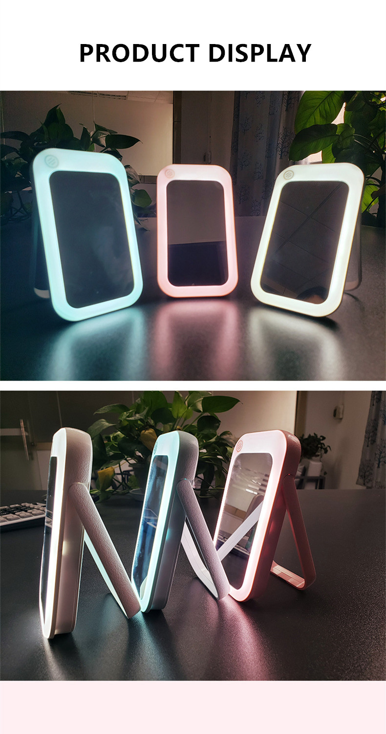 Portable and compact wireless LED light table makeup mirror with built-in battery can be used as a power bank for women