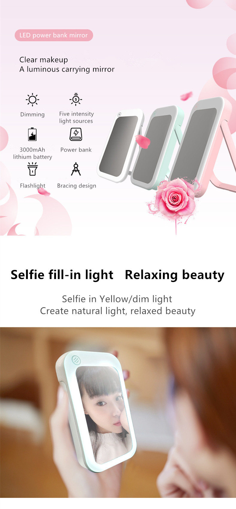 Portable and compact wireless LED light table makeup mirror with built-in battery can be used as a power bank for women