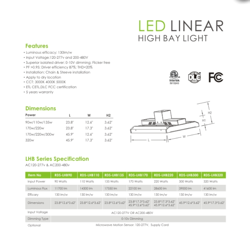 ETL CETL DLC FCC 0-10V 2ft 4ft Mix 90w Max 320w LED Linear Low Bay Luminaire For Warehouse